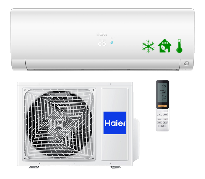 Haier sienas tipa FLEXIS sērijas siltumsūknis un gaisa kondicionieris (balts) 2,5kW komplekts, kas paredzēts 15-30m2